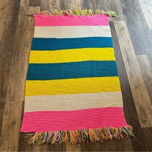 Multi Colored Pink Blue Yellow Crocheted Afghan Striped Throw Blanket Unfinished